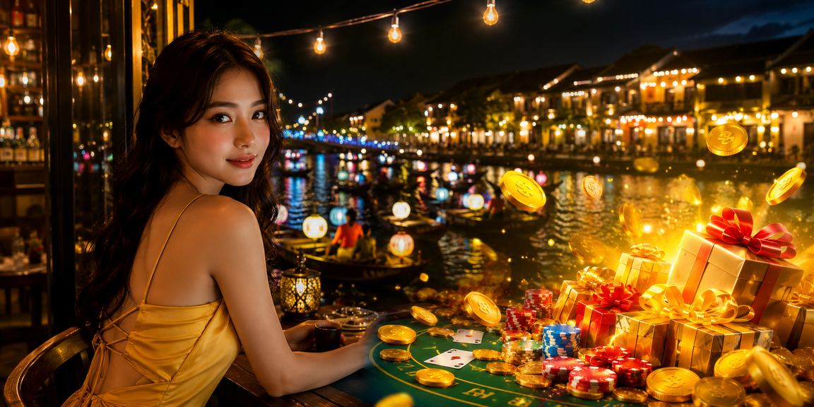 Người dùng chơi baccarat trực tuyến bên tách cà phê trong không gian cổ kính Hội An
